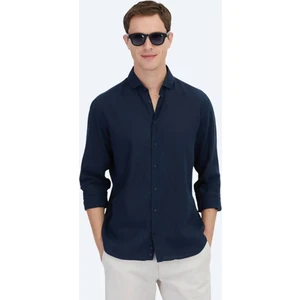 Lacivert Düz Regular Fit Dokuma Casual Pamuk Karışımlı Gömlek