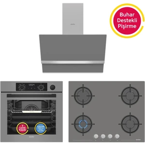 11 Fonksiyon Steam Master Gri 3'lü Ankastre Set (Fırın + Ocak + Davlumbaz)