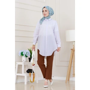 Göğüsü Taş Detaylı Oversize Tunik-Beyaz