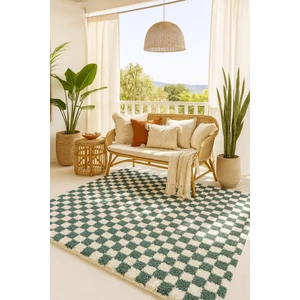 Chess Kareli Kemik-Yeşil Salon Oturma Odası Yatak Odası Koridor Makine Halısı Yolluk Shaggy