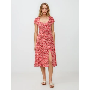 Jimmy Key Kırmızı Boyundan Bağlı Kısa Kollu Desenli Midi Elbise