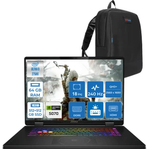 Msı Crosshaır 18 Hx Aı A2XWGKG-032XTR Intel Core Ultra 9-275HX Aı 64GB 512GB SSD+512GB SSD 8GB/RTX5070 Gddr7 115W 18"2.5k (2560 x 1600, Wqxga) 240Hz  Freedos Gaming Laptop W032XTRF26+ZETTAÇANTA