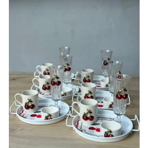 6 Kişilik 30 Parça Kirazlı Sunum Tepsili Lüks Kahve Sunum Seti