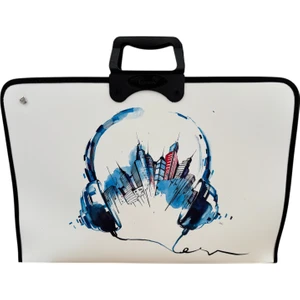 Sanatsal Tasarımlı Proje Çantası, Kulaklık ve Şehir Manzarası Baskılı, 38 x 55 Cm, Siyah-Beyaz