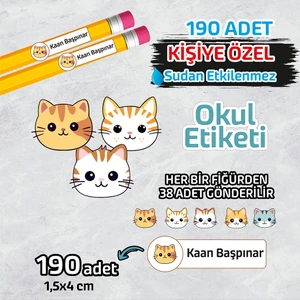 Okul Etiketi Isme Özel Kalem Defter Etiketi (Sevimli Kediler) -190 Adet