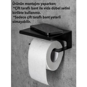 Telefon & Eşya Raflı 1.5 mm Metal Tuvalet Kağıdı Tutucu (3m Vhb Bant ve Siyah Vida-Dübel Dahil)