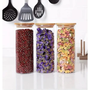 3 Adet 1300 ml Bambu Kapaklı Lüks Yuvarlak Bakliyat Seti Kavanozu