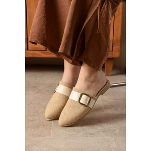 Bej Kadın Tokalı Kapalı Terlik Günlük Hasır Rahat Yumuşak Bohça Misafir Deniz Ev Plaj SL02