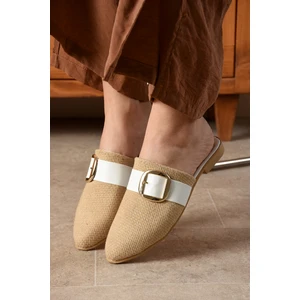 Bej Beyaz Kadın Tokalı Kapalı Terlik Günlük Hasır Rahat Yumuşak Bohça Misafir Deniz Ev Plaj SL02