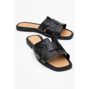 Notre Siyah Baskı Hakiki Deri Kadın Terlik