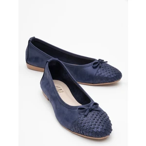 02 Lacivert Simli Hakiki Deri Kadın Babet Ayakkabı