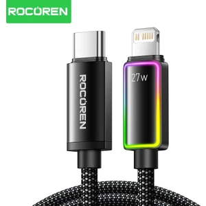 27W Type-C To Lightning Rgb Aydınlatmalı Örgülü Şarj ve Data Kablosu 2 Metre
