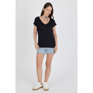 Ön Arka V Yaka Siyah Kadın T-Shirt 0003