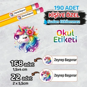 Okul Etiketi Kişiye Özel Kalem Defter Etiketi Unicorn -2- 190 Adet