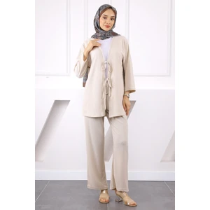 Taş Ön Bağlamalı Bürümcük Kimono Pantolonlu Takım