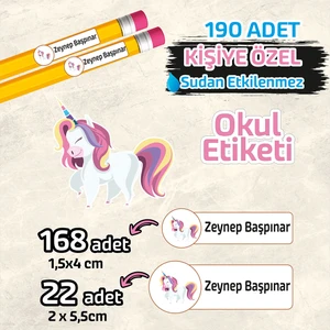 Okul Etiketi Kişiye Özel Kalem Defter Etiketi Unicorn 190 Adet