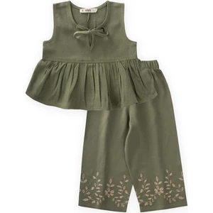 Paçaları Nakışlı Keten Takım 2-7 Yaş Haki Yeşil