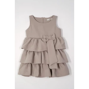 Bisiklet Yaka Kurdele Detaylı Eteği Fırfırlı Sıfır Kol Taş Rengi Kız Çocuk Elbise