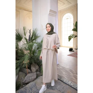 Bağcık Düğmeli Kıs Arahat Kesim Tunik - Cepli Etek Takımı - (38-46) - 71285 - Vizon