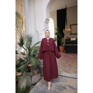 Bağcık Düğmeli Kıs Arahat Kesim Tunik - Cepli Etek Takımı - (38-46) - 71285 - Bordo