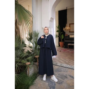 Bağcık Düğmeli Kıs Arahat Kesim Tunik - Cepli Etek Takımı - (38-46) - 71285 - Lacivert