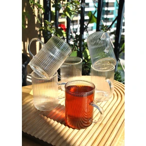 6'lı Borosılıkat Cam Bardak Çizgili Kulplu Çay Kahve Bardağı Isıya Dayanıklı KUPA-200 ml Tt