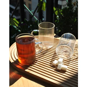3'lü Borosılıkat Cam Bardak Çizgili Kulplu Çay Kahve Bardağı Isıya Dayanıklı KUPA-200 ml Tt