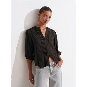 5807 Nervür Detaylı Balon Kol Gömlek-Koyu Kahve