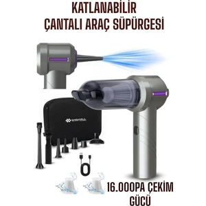 16.000PA Pro Şarjlı Katlanabilir Çantalı Yedek Filtreli 2ın1 Üfleme ve Çekmeli Araç Içi Süpürge