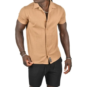 Kabartma Nokta Desenli Slim Fit Likralı Kısa Kollu Penye Gömlek 2403223