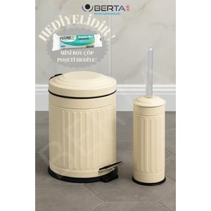 Vintage Banyo Seti Krem Çöp Kovası 5lt Tuvalet Fırçası Lüks Model