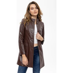 Care Kahve Düğmeli Dar Fit Kesim Astarlı Kısa Hakiki Kadın Deri Kaban