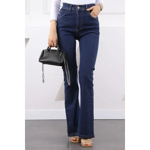 Koyu Mavi Yüksek Bel Ispanyol Paça Jeans Pantolon