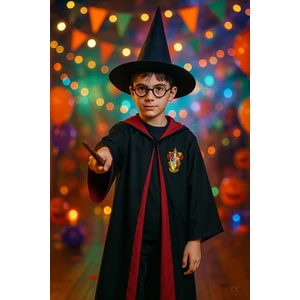 Harry Potter Gryffindor Kapişonlu Cübbe Çocuk Boy Şapka Asa Gözlük 4 Parça Set - 7-8 Yaş