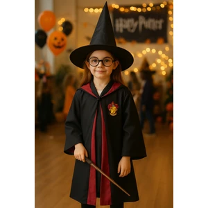 Harry Potter Gryffindor Kapişonlu Cübbe Çocuk Boy Şapka Asa Gözlük 4 Parça Set - 5-6 Yaş