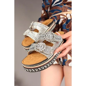 Elit BTBSJ02 Kadın Taşlı Düz Terlik  Gümüş