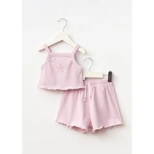 Kız Çocuk Pamuklu Pembe Deniz Yıldızı Nakışlı Crop Şort Takım - Ribana Kumaş