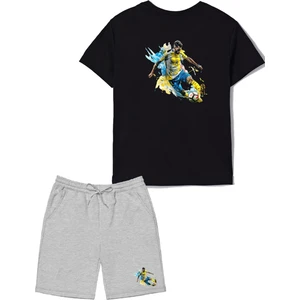 2'li Set Baskılı Erkek Çocuk Pamuk Şort Tshirt Takım Futbol 5 6 7 8 9 10 11 12 13 14 Yaş Tişört