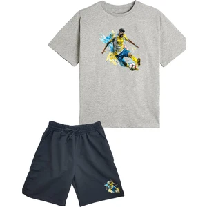 2'li Set Baskılı Erkek Çocuk Pamuk Şort Tshirt Takım Futbol 5 6 7 8 9 10 11 12 13 14 Yaş Tişört