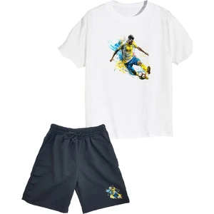 2'li Set Baskılı Erkek Çocuk Pamuk Şort Tshirt Takım Futbol 5 6 7 8 9 10 11 12 13 14 Yaş Tişört