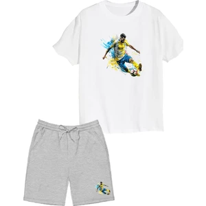 2'li Set Baskılı Erkek Çocuk Pamuk Şort Tshirt Takım Futbol 5 6 7 8 9 10 11 12 13 14 Yaş Tişört