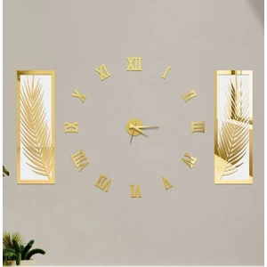 Wooden Factory 3 Parçalı Duvar Saati Seti, Akrilik Pleksi Aynalı Palmiye Yapraklar Ve Roma R. Saat