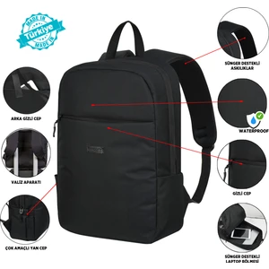 Siyah Su Geçirmez Laptop Sırt Çantası - Gizli Cepli , Sünger Destekli , 15.6-16.1-16.9 Inç Uyumlu