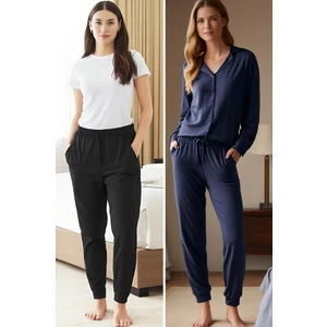 %100 Pamuk 2'li Paket Süprem Kadın Pijama Altı Cepli Rahat Kalıp Dar Paça Ipli Terletmez Siyah Laci