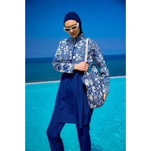 Lacivert Tam Kapalı Tesettür Mayo Hakim Yaka Yırtmaçlı, 4 Parça Set R2504