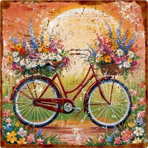 Retro Çiçekli Bisiklet Temalı Uv Baskılı Alüminyum Dekoratif Levha– Metal Duvar Süsü