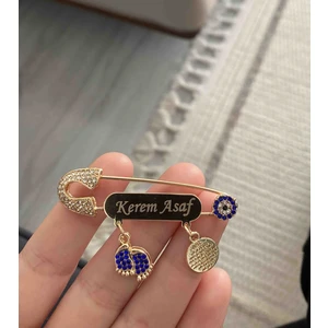ahi Aksesuar Mavi Kristal Taşlı İsimli Erkek Bebek Yaka İğnesi