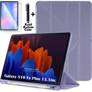 Samsung Galaxy Tab S10 Fe Plus 13.1 Inç 2025 Kılıf Kalem Bölmeli Katlanabilir Standlı Yumuşak Silikon Kapak + Ekran Koruyucu Cam + Dokunmatik Kalem 3in1 Set SM-X620 X626B