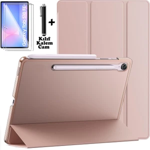 Samsung Galaxy Tab S10 Fe Plus 13.1 Inç 2025 Tablet Kılıfı Akıllı Smart Uyku Modlu Katlanabilir Arkası Renkli Şeffaf Standlı Kılıf + Ekran Koruyucu Cam + Kalem 3'lü Set SM-X620 X626B