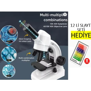 1600X Mobil Uyumlu Telefon Tutuculu 2 LED Işıklı Aksesuarlı 12'li Örnek Seti Hediyeli Mikroskop Seti